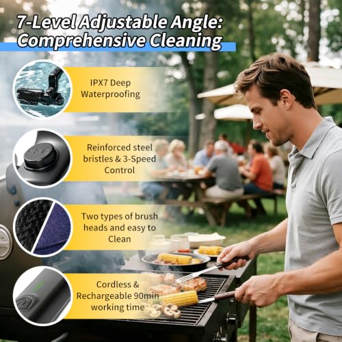 Electric Grill Brush for Outdoor Grill, 3-Speed Modes, Cordless Rechargeable BBQ Cleaner with 180° Adjustable Head, Reinforced Steel Bristles, Grill Cleaning Brush for Barbecue Grates — view 4