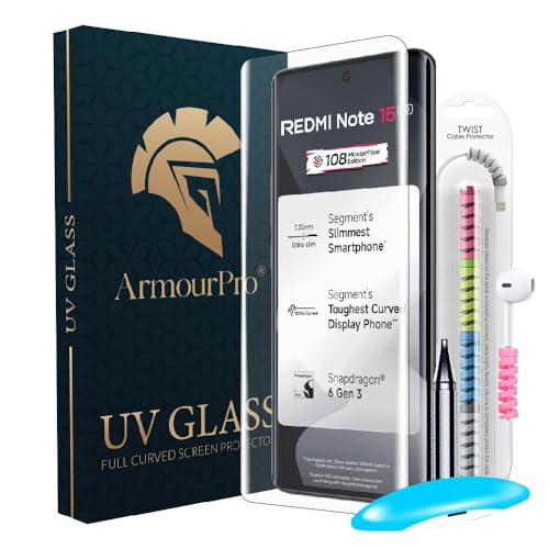 Image of ArmourPro UV Glue Tempered Glass for Redmi Note 15 Curved Screen Protector, 9H Anti Scratch, Edge-to-Edge Coverage, HD Clarity, Easy UV Kit with Cable Protector