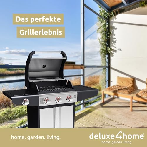 offener Deckel mit Thermometer zeigt 250°C an (92 Zeichen). - Detailansicht von deluxe4home Gasgrill XXL 4 Brenner Test �...