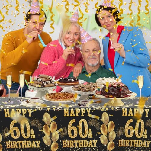 Image of Labeol 3 Pack 60th Birthday Tablecloth, Black and Gold Happy 60th Birthday Decorations, Disposable Plastic Rectangular Table Cover Party Supplies for Men Women