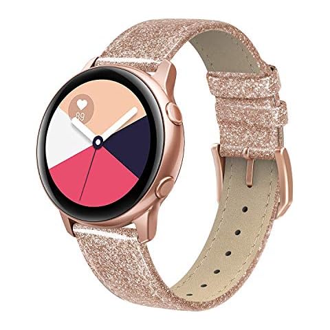 EDIMENS Genuine Leather Band Compatible for Samsung Galaxy Watch 4 Band 40mm 44mm, 20mm Genuine Leather Slim Replacement Bands for Galaxy Watch 4 Classic Band 42mm 46mm Women Men, Glitter Rose Gold Cover