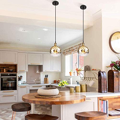 Yisuro Modern Brass Globe Pendant Light With Hammered Glass Shade, Adjustable Cord Contemporary Pendant Ceiling Lighting Fixture For Kitchen Island Living Room Bedroom Bar, 8In, Gold #TOP7