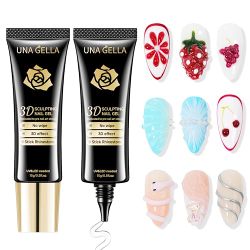 Image of UNA GELLA 3D Gel Nail Art, 2Pcs 15g Clear No Wipe Sculpting Gel Polish for Nail Tips, Drawing, Molding, Chrome Powder, Carving & Decoration, Rhinestones, Charms and Gems, DIY Christmas Art Designs