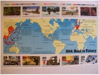 WWll Events 1944 Road to Victory Set of 10 x 29-cent US Postage Stamps, Scott #2838 by USPS