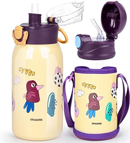 Kids Water Bottle with Straw 500ml/16oz Insulated Water Jug for Kids, Kids Insulated Sport Water Bottle With Straw Lid,Two Lids Stainless Steel Water Flask Kids with Bottle Cover and Strap