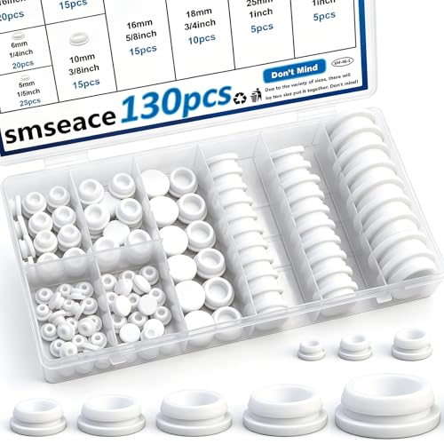 Image of smseace 130Pcs White Rubber Plugs for Round Holes Set - 8 Sizes (1 inch, 3 /4 inch, 5 /8 inch, 1 /2 inch, 3 /8 inch, 5 /16 inch, 1 /4 inch, 1 /5 inch) - Versatile Assorted Rubber Plugs for Furniture, Office, and Kitchen