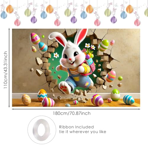 Image of Nuxovilar Large Easter Banner 43x71 Polyester Backdrop | Holiday Poster Spring Banner 3D Bunny Decor Home Room Hall (Easter Banner)