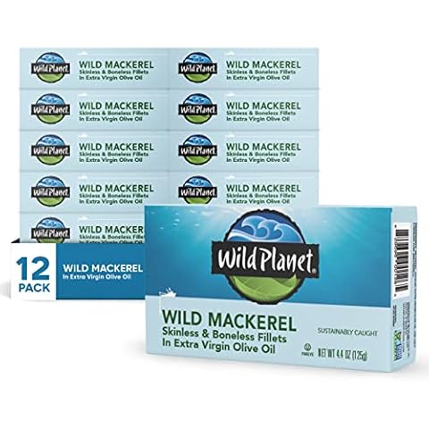 Wild Planet Wild Mackerel Fillets in Organic Extra Virgin Olive Oil, Skinless & Boneless, Tinned Fish, 4.4 Ounce ( Pack of 12) Cover