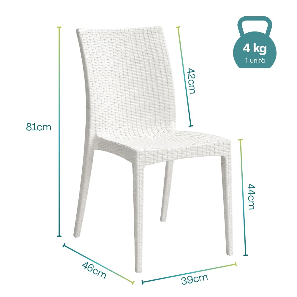 PALUPLUS Set 2 Sedie da Giardino effetto Rattan in Polipropilene colore BIANCO, misura 47x59x86 cm, Sedia Impilabile Senza Braccioli per Esterno ed Interno -VERO954F-9