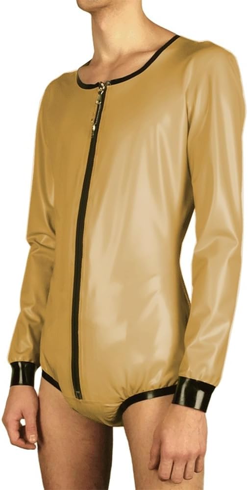 Fetish PVC Leather Sexy Lockable Zipper Mens Bodysuit Exotic Latex Look O-Neck Long Sleeve Bodysuit