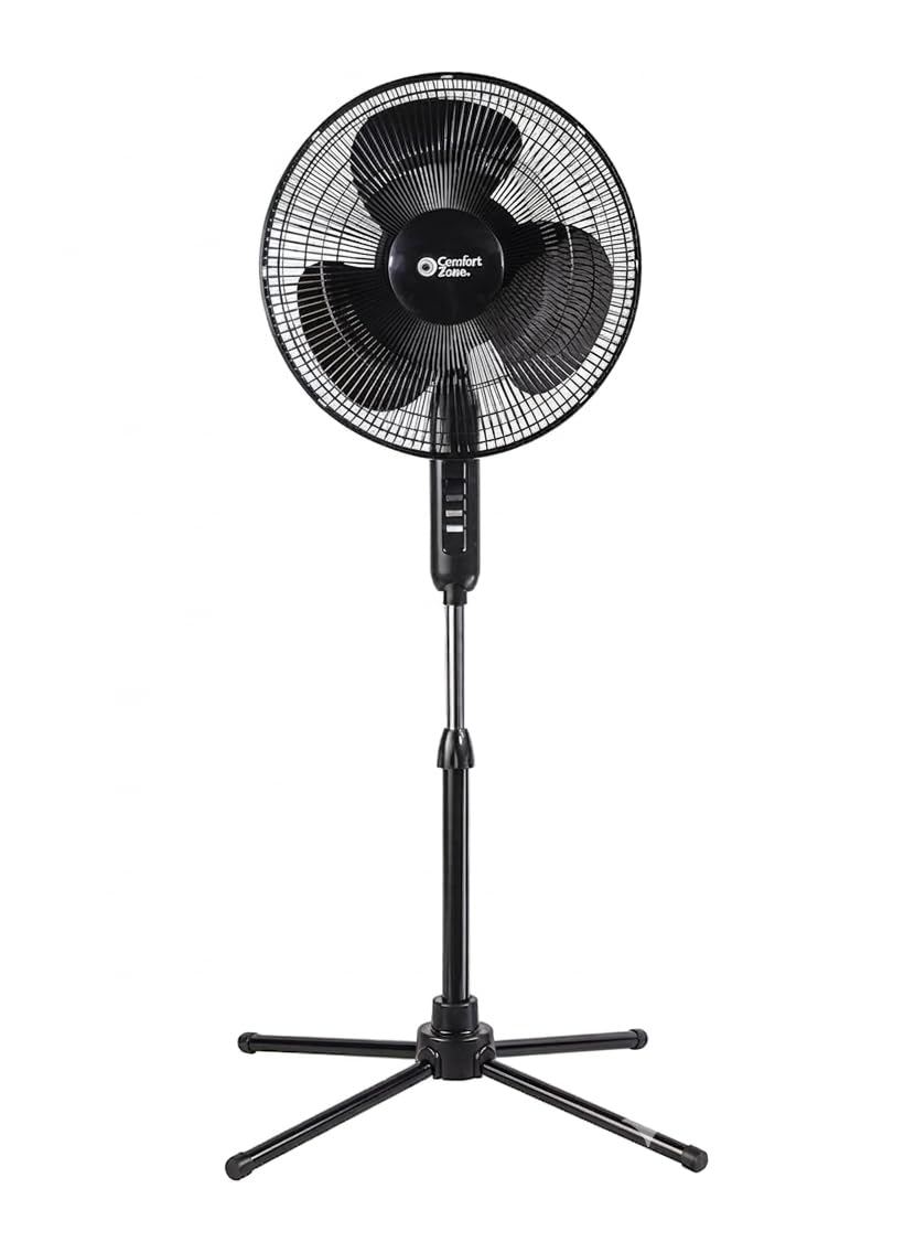 Comfort Zone 16-Inch Oscillating Pedestal Fan – 3-Speed High-Velocity Cooling, Adjustable Height & Tilt, Quad-Pod Folding Base, Black – ETL Listed