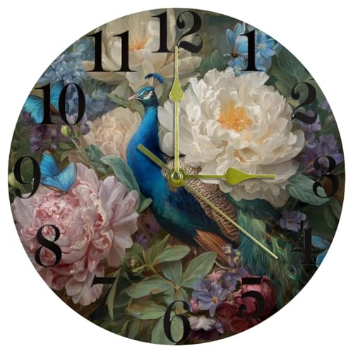 Horloge murale ronde silencieuse à quartz à pile motif papillon pivoine pour salon - 2