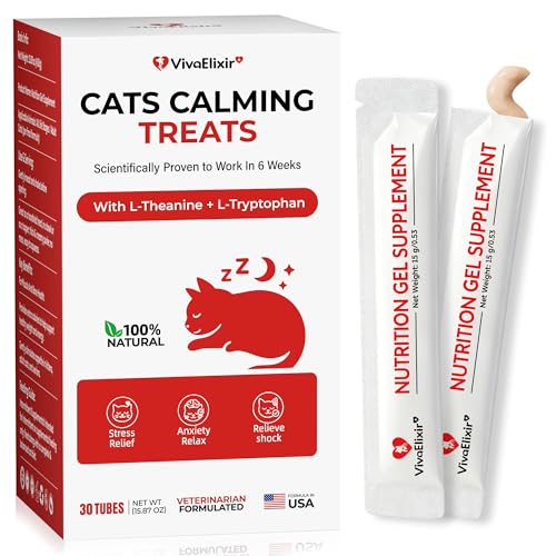 Cat Calming Treats Natural Stress Anxiety & Shock Relief for Cats Featuring L-Theanine L-Tryptophan & Catnip 100% Veterinarian Formulated 30 Likable Gel Tubes for Quick Calm & Relaxation