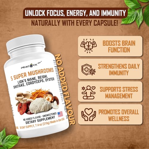 Image of 5 Mushrooms Supplement, 180 Count - Lion's Mane, Reishi, Shiitake, Cordyceps, Oyster Immune & Brain Supplement for Memory and Focus, Lions Mane Mushroom Blend