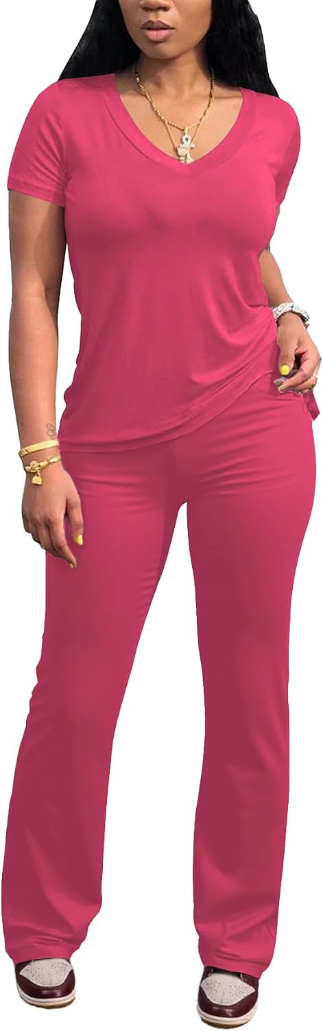 Ulovmi Women'S 2 Piece Outfits Short Sleeve V Neck Top And Flare Pants Set Casual Jogging Suits Lounge Tracksuit