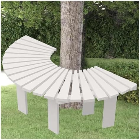 Semi-Circular Solid Wood Tree Bench, Outdoor Wrap-Around Seat for Garden, Patio, Yard, Poolside & Park - Stylish White Chair for Backyards & Lawn