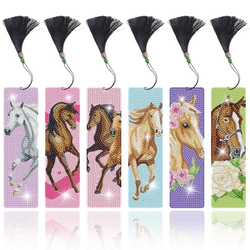 Lymshine Diamond Art Bookmarks Kits, 6 Pcs Diamond Painting Horse Bookmarks with Crystal Pendant