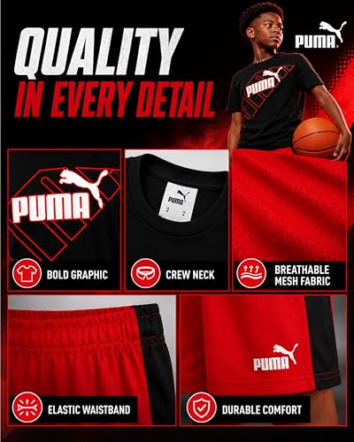 Image of PUMA Boys Short Set - 2 Piece Short Sleeve Crewneck Performance Graphic Tees and Athletic Mesh Shorts for Boys (Sizes: 4-16)