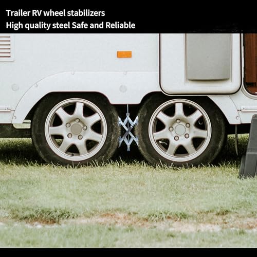 Image of SUZANNE Camper Wheel Chock Stabilizers - X-Shaped Design with Wrench & Lock for 3.25 inch to 10 inch Tire Spaces - Corrosion Resistant for Dual Axel RV, Travel Trailer, Camper & Truck Tires (2-Piece Set)