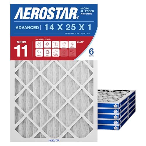 Aerostar 14x25x1 MERV 11-6 Count - Pleated Furnace & Air Conditioner Filters - Removes Dust, Cold & Flu Germs, Lint, Mold, Pet Dander, Allergy-Causing Pollen, Smog & Smoke