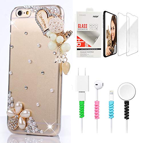 STENES Sparkle Case Compatible with Moto G7 / Moto G7 Plus - Stylish - 3D Handmade Bling Heart Sweet Eiffel Tower Pearl Pendant Flowers Cover with Screen Protector & Cable Protector - Crystal