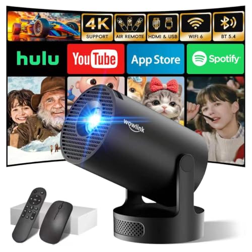 Mini Beamer 4K Full HD 1080P 2026 Neueste Eingebaute Apps 1080P FHD WiFi 6 BT 5.4 Auto Screen Keystone Korrektur Smart Projektor Tragbar Auto Horizontal Trapezoid Correction, Ultrakurzfokus, Schwarz