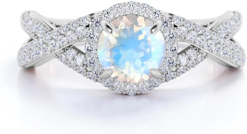 Moonstone Engagement Rings for Women Center 1 Carat Round Cut Moonstone Ring with Moissanite 10K 14K 18K Gold Moonstone Wedding Rings with Text Engraving