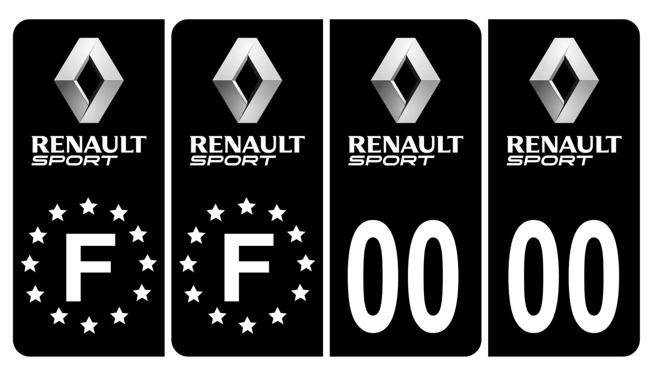 Pack 4 Autocollants Plaque Immatriculation Renault Sport - Dimensions 45x100 Mm - Personnalisation Numéro Département - Vinyle Haute Tenue, Protection UV