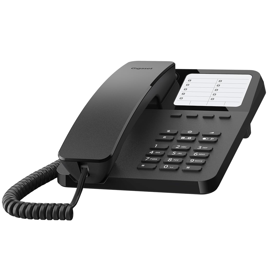 Gigaset Desk 400 - teléfono con Cable elástico, Espacio para 10 entradas de marcación rápida, rellamada, Compatible con audífonos, marcación por Tonos o por impulsos configurable, Color Negro