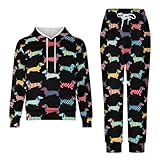 OXJOIIS 2 Piece Tracksuit Athletic Sweatsuits Sets Hooded Sweatshirt and Jogger Sweatpants (Black Dachshund Puppy Animal Dog)