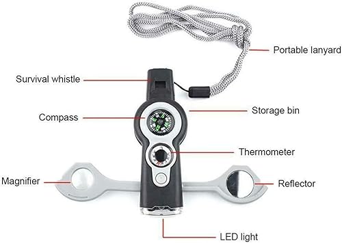 Miniatura 9 de Brújula multifunción 7 en 1, para supervivencia al aire libre, termómetro de brújula con espejo LED, multiherramienta para camping, senderismo,