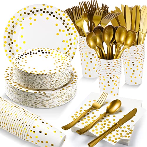 560 Pcs White And Gold Party Supplies For 80 Guests Disposable Dinnerware Set White And Gold Disposable Paper Plates Napkins Cups Forks Knives Spoons For Birthday Wedding Graduation Baby Shower #TOP6
