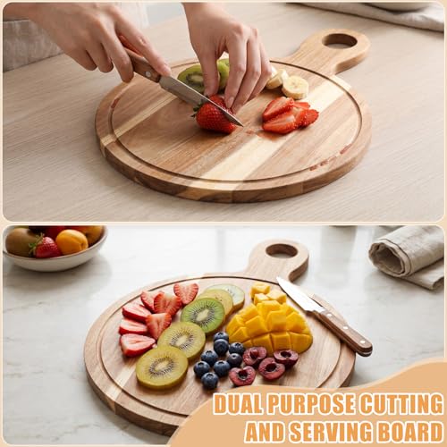Image of 10 Pcs Acacia Wood Cutting Board with Handle Bulk 15.8 x 11.4'' Round Charcuterie Chopping Board for Pizza Cheese Meat Decorative Natural Wooden Serving Tray for Kitchen and Dining Room