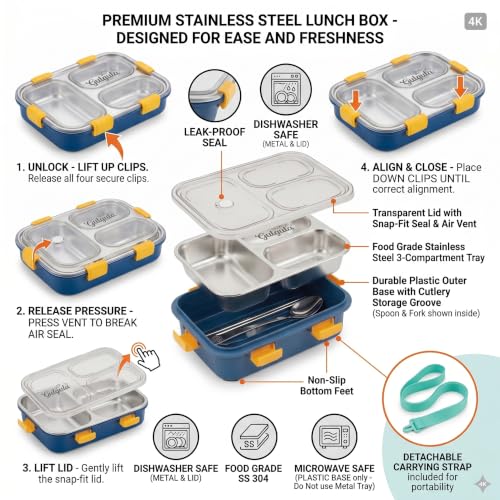 Image of Kids Stainless Steel Lunch Box and Water Bottle Set for School, 3 Compartment Bento Lunch Box with Leak Resistant Lid, Robot Theme Sipper Bottle with Adjustable Carry Strap, Blue