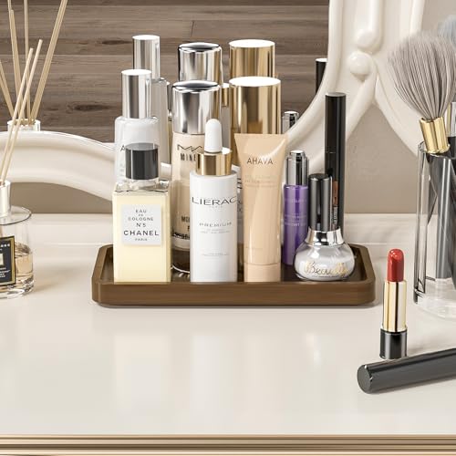 Image of Weenson Small Bathroom Vanity Tray for Countertop Makeup Perfume Jewelry Decor Candle Keys, Bamboo Kitchen Tray for Soap Dispenser Spice, Small Toilet Tray for Sink 7.9 inch L x 4 inch W x 0.79 inch H Brown