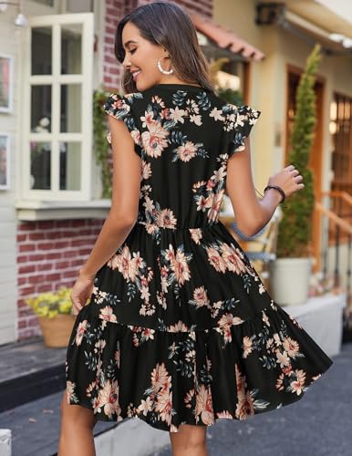 Image of HOTOUCH Women Printed Dress for Summer Short Ruffle Sleeve Dress Tiered Mini Dress with Pockets