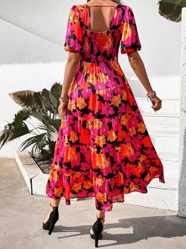 Image of PRETTYGARDEN Puff Short Sleeve Cewneck Floral Long Fall Dresses for Women 2025 Flowy Tiered Hem Maxi Wedding Guest Dress