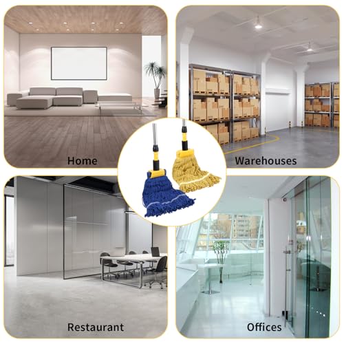 Image of Commercial Mop, Looped-End String Industrial Mop, Heavy Duty Mops with 2 String Mop Heads for Floor Cleaning, Blue and Yellow