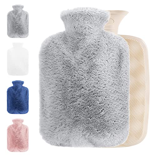 Cooyou Bolsa de Agua Caliente con Funda Suave, 2L PVC Botella de Agua Caliente para el Alivio del Dolor de Espalda, Cuello, Hombros y para Noches Acogedoras, Gris Cover
