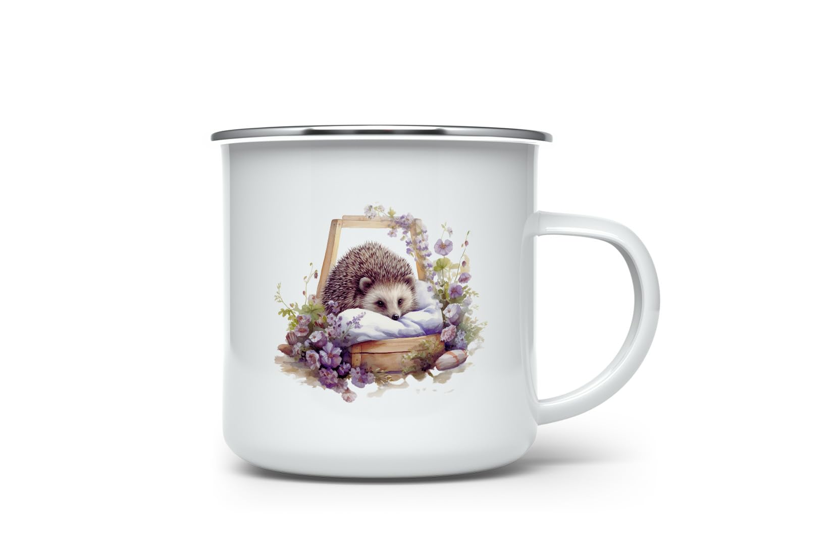 MAXIKIWI - Durable Enamel Coffee or Tea Camping Mug for Indoor Outdoor Use - Hedgehog Hibernate Haven - 350ml
