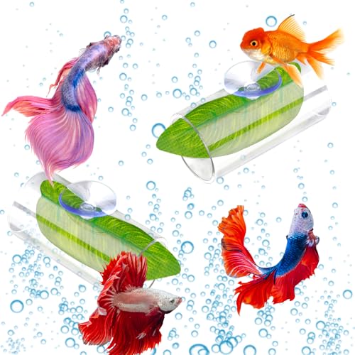 Image of NQEUEPN 2pcs Betta Fish Acrylic Tube Tunnel with Pretended Leaf Suction Cup, Transparent Betta Fish Tank Decorations, Aquarium Decorations (Transparent)