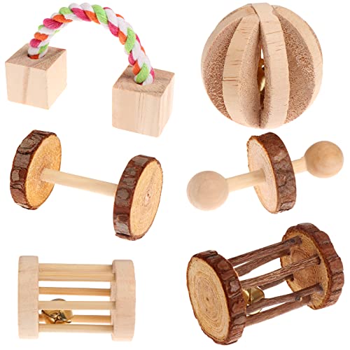 Cccymm 6 Pcs Pet Natural Wooden Chew Toys Dumbells Exercise Bell Molar Toy For Parrot, Rabbit, Chinchilla, Guinea Pig, Hamster Small Animals - 5
