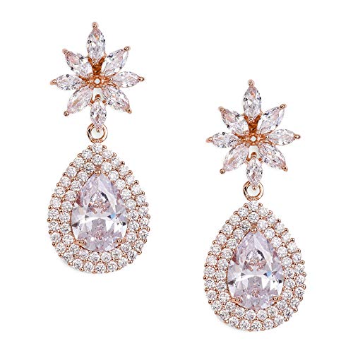 SWEETV Teardrop Dangle Earrings for Wedding,Bridal,Prom-Rose Gold Cubic Zirconia Crystal Rhinestone Dangling Earrings for Women Bride Bridesmaids Jewelry Hypoallergenic