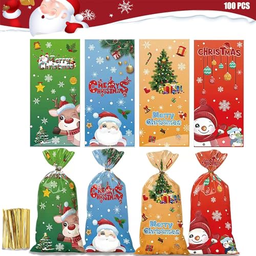 100 Pcs Bolsas de Celofan Navidad, Bolsas Para Chuches Navidad, Bolsitas de Regalos Transparente, Bolsas de Galletas Con 150 Pcs Lazos de Torsió, 27.5 x 13 cm