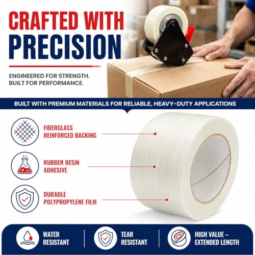 Image of GGR Supplies FIL-795 Fiberglass Reinforced Filament Strapping Tape - Heavy Duty Packing & Shipping Tape, Mono Directional, 3 /4 in x 60 yds. Pack of 48 (5.5 Mil)
