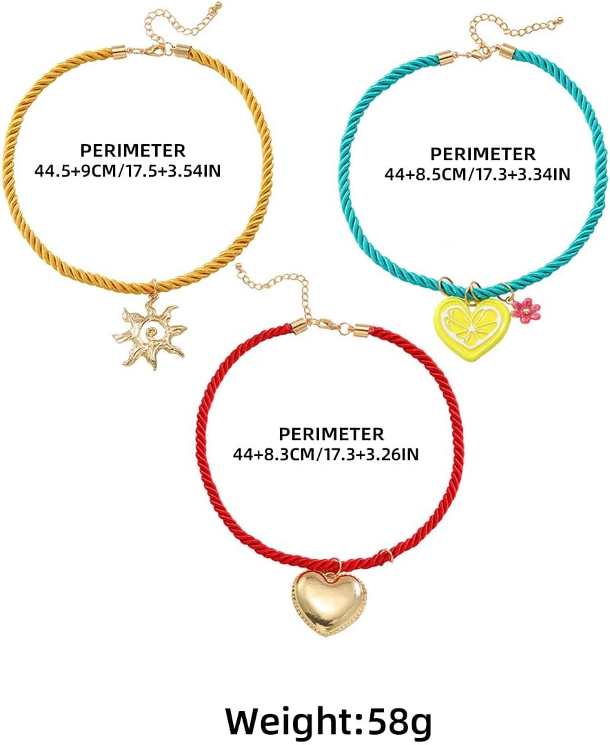 Doubnine Summer Beach Layered Necklace with Colorful Rope Cords, Heart and Sun Charms, Daisy Pendant Necklace Set of 3 - Image 4