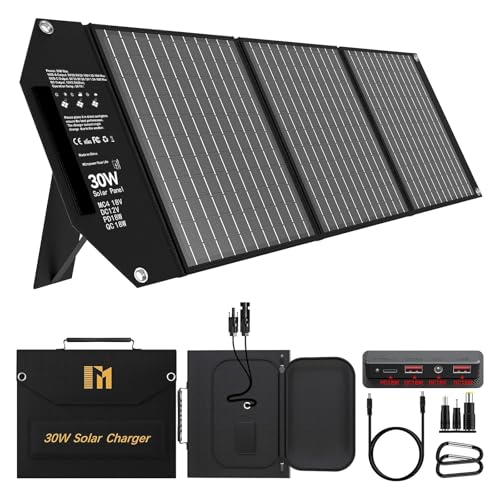 Mesuvida 30W Placa Solar Portatil con 5 Puertos, 18V MC4 Mayor Salida/18V DC/QC 3.0 USB-A y USB-C (PD 18W) Cargador Solar, Panel Solar Plegable con Soportes, Placas Solares Camper