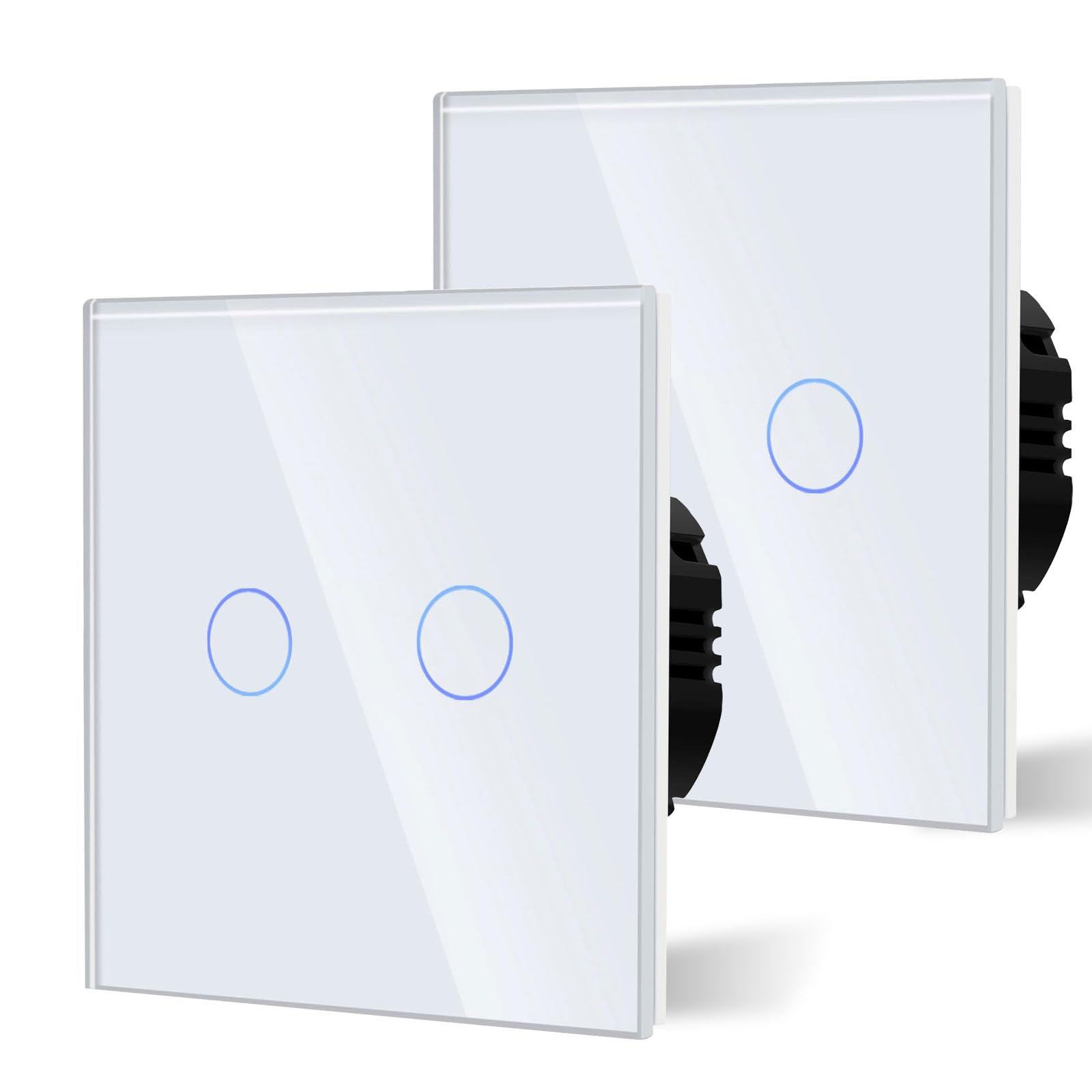 BSEED Touch Light Switch, Tempered Glass Panel with LED Backlight, No Neutral Wire Required, Non-WiFi,2 Gang 1 Way-2 Pack,86mm White