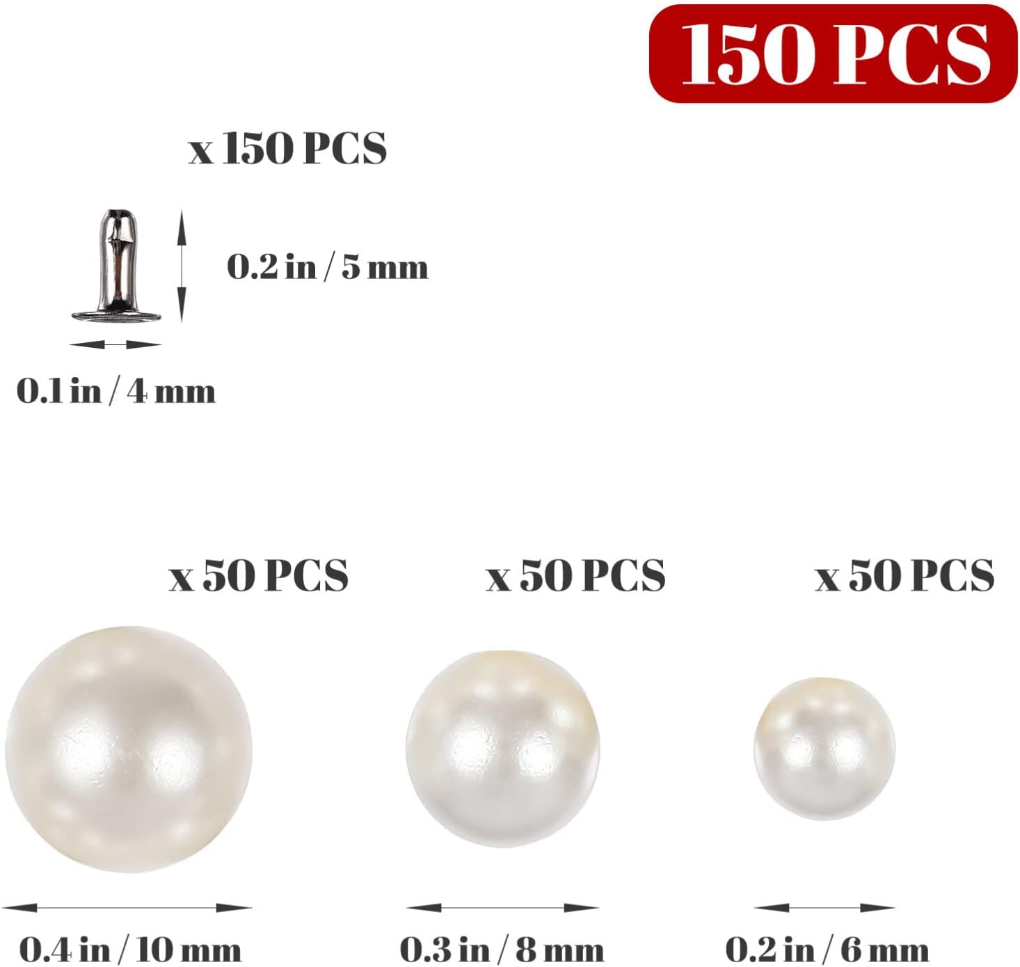 Clear Cake Stand 150pcs Pearl Rivet Studs, White Pearls Beads for DIY Crafts Hats Shoes Clothes Bags Skirt Bridal Veil - 6mm/8mm/10mm