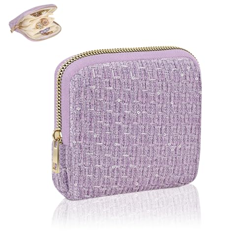 13*12*2,5cm Piccola Portagioie Donna da Viaggio in Tessuto Sacchetti Custodia per Gioielli Anelli PortaOrecchini Catene Collane con 5 Scomparti Organizer Portaorecchini Ragazza Compleanno(Viola)